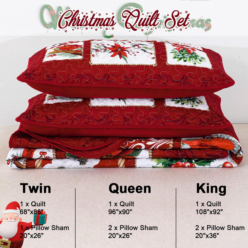 Christmas Cardinal and Poinsettia 3-Piece Coverlet Set, King