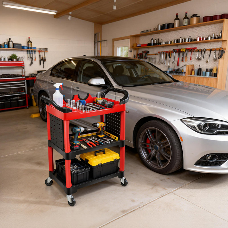 Chariot de décoration à 3 niveaux avec panneau perforé, chariot à outils robuste de capacité de 260 lb pour le garage, le détail automobile et les réparations