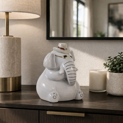 Decorative Ceramic Elephant Figurine With Hat And Eyeglasses For Living Room Decor - Modern Tabletop Sculpture For Home Decoration - 6", Gray