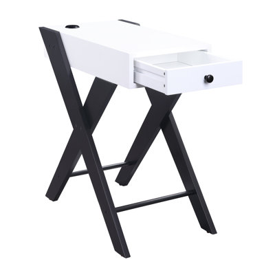 Cool White And Black Side Table With Socket Concealed Drawer Function Accent Surface, Legs Charging
