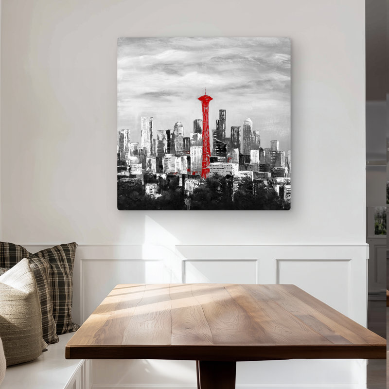 Space Needle in Red - Gray Metal Print for Home Decor