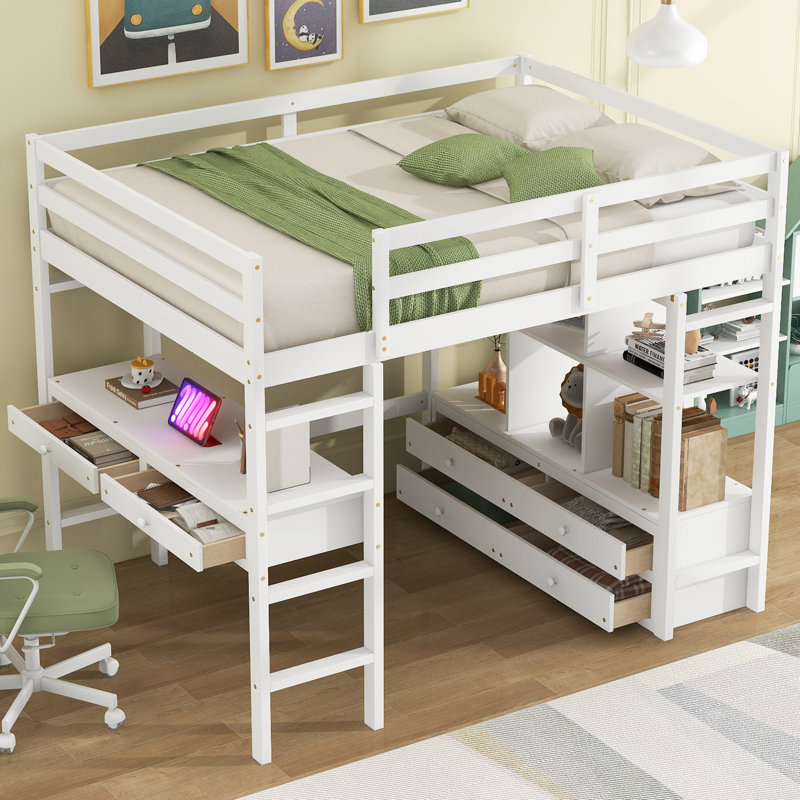  Lit mezzanine double avec bureau intégré, deux tiroirs et tablettes de rangement, blanc