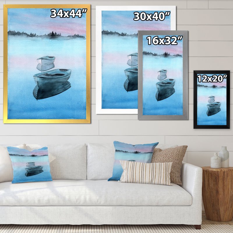 Deux bateaux de pêche sur un lac avec reflet dans l'eau - reproduction sur toile, H 44 po x l 34 po, Cadre photo blanc