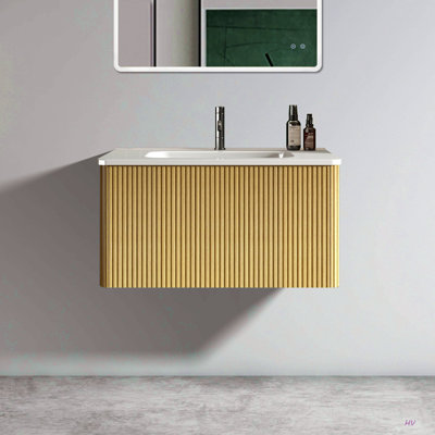 Meuble-lavabo rayé 30 po avec lavabo en céramique, meuble-lavabo mural flottant pour salle de bain moderne, lavabo une pièce sans drain, pré-assemblé