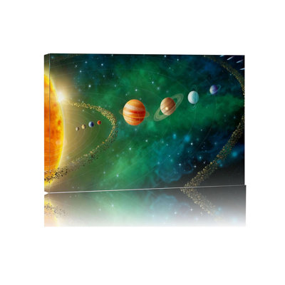 12x16 Framed Solar System Space Canvas Wall Art Green Galaxy Planets Astronomical Decor Kids Bedroom Cosmic Wall Pictures Teen Boy Room Universe Galaxy Poster Child Office Study Room Art Prints
