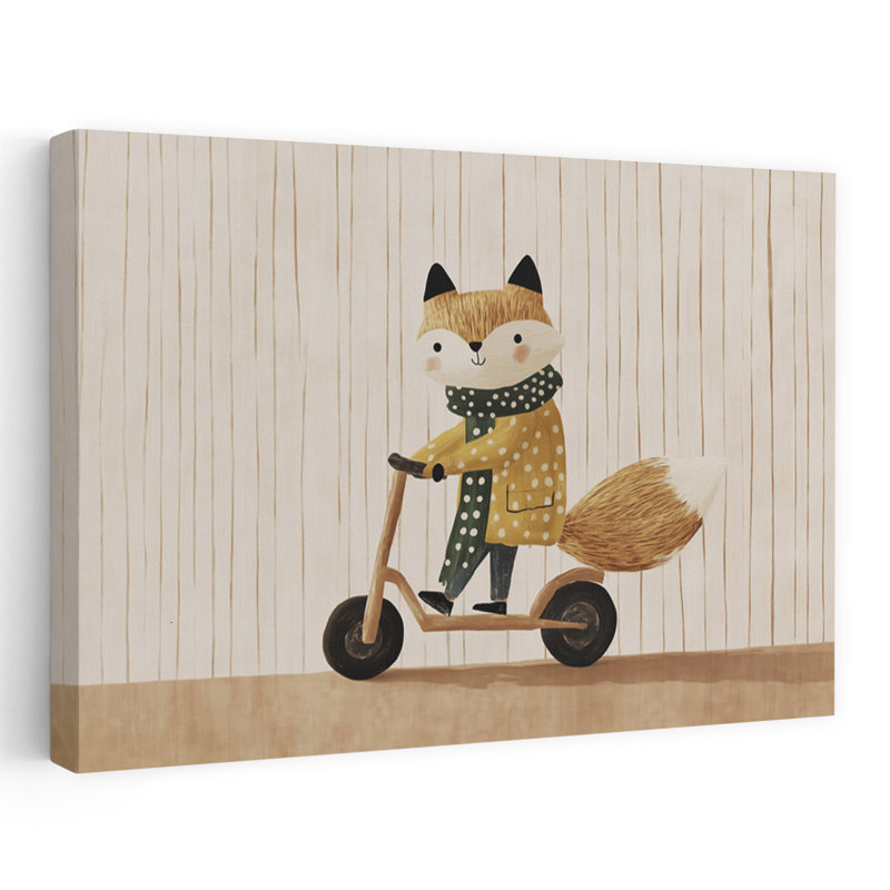 Cute Fox Scooter Ride Playful Whimsical Contemporary Fox Forest Wall Art Print by Mathieu - Wrapped Canvas Print
