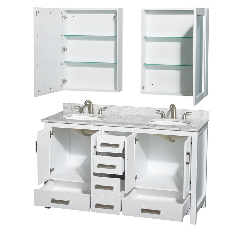 Sheffield 60" Double Bathroom Vanity Set with Mirror, White Carrara Marble, White, 8" Centers