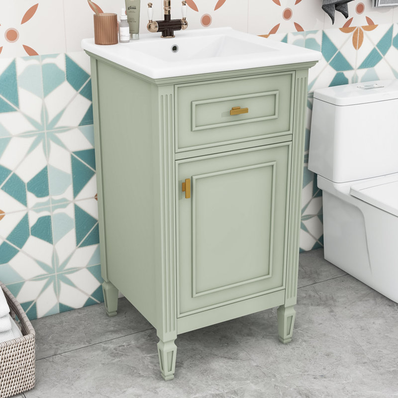 Meuble-lavabo de salle de bain avec lavabo, tiroir inclinable, tablette réglable et boutons en alliage de zinc, Vert/blanc