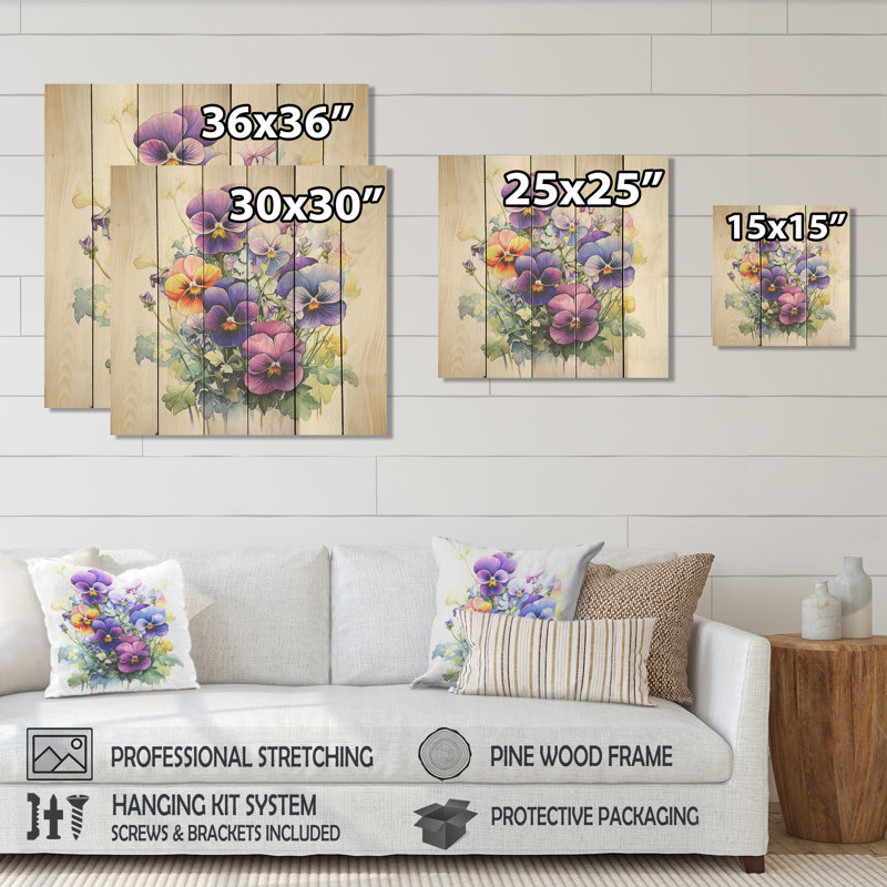 Mauve Pansy Poise II - Pensées sur bois, H 15 po x l 15 po