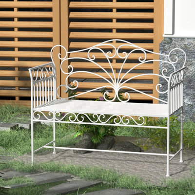 Banc de jardin 43 po avec patio extérieur en métal blanc crème pour la cour arrière, la piscine, la pelouse et un banc robuste et élégant, blanc, convient à la cour