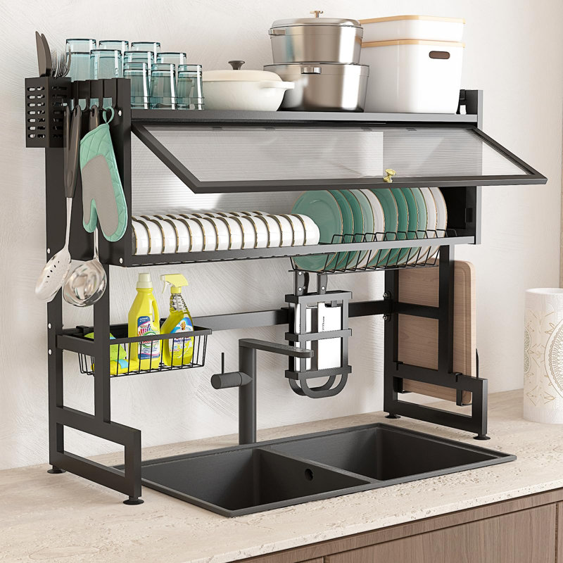 Large Black Metal Over-the-Sink Dish Drying Rack with Utensil Cup