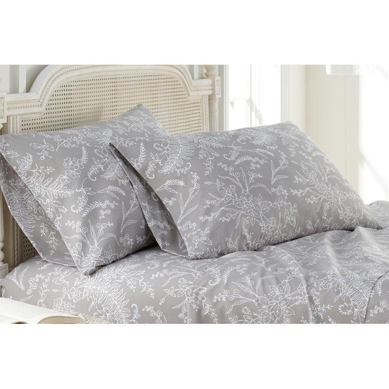 Ensemble de 2 taies d'oreiller Southshore Fine Linens Winter Brush Floral, gris à fleurs blanches, en microfibre doublement brossée 110 g/m², fermeture portefeuille, format Queen/Standard.