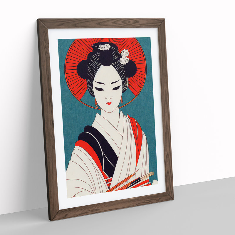 Alluring Geisha - Wall Art, 66cm H x 48cm W, Walnut Framed Paper, White