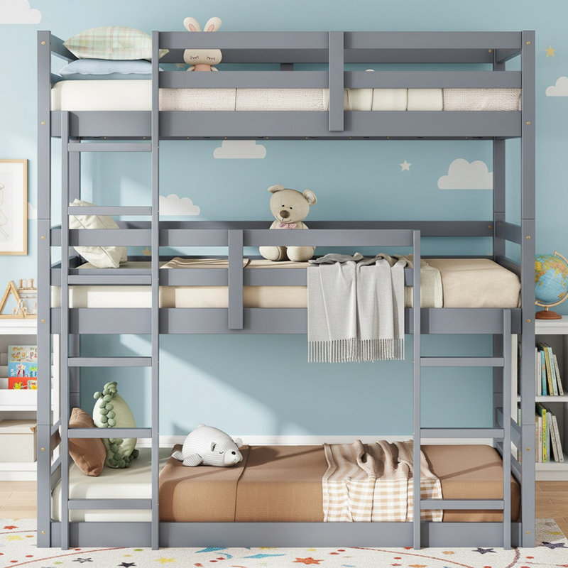 Lit superposé triple en bois massif avec échelles, lit superposé simple au-dessus d'un lit simple pour garçons et filles