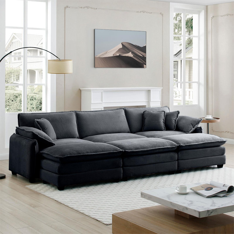 Kaoruko Oversized Modular Cushioned Sofa,With 3 Ottomans To Work As Sleeper Sofa Beds, 3-Seater Sofa With 3 Footstools, Gray