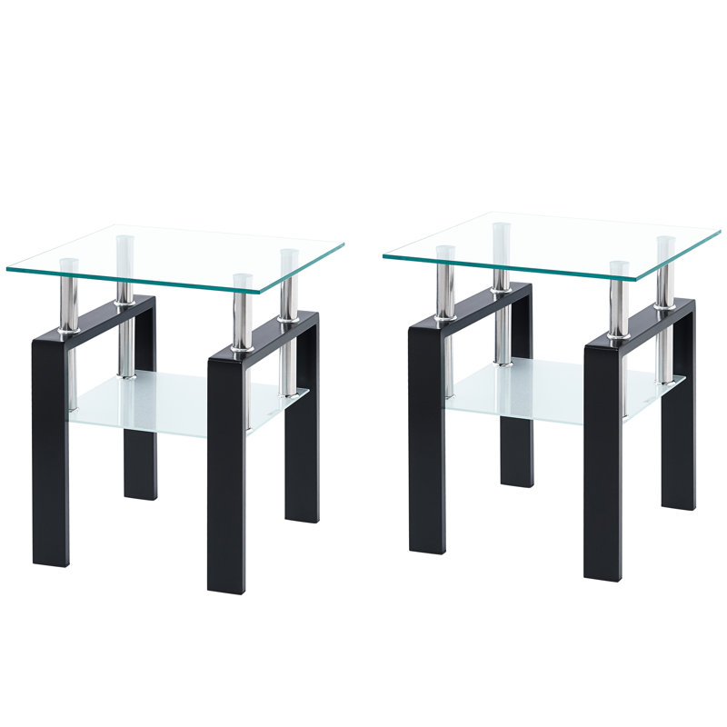 Table de bout en verre trempé transparent, 2. table d'appoint de salon. Conception carrée élégante. Plateau de 8 mm, tablette de 5 mm. 17,91 po X 20,86 po 20,73 lb Table simple à assembler et à assembler facilement