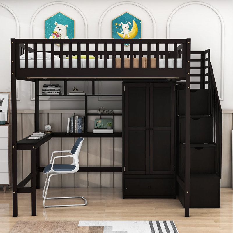 Kuster Wood Loft Bed with Drawers, Desk, Wardrobe and Storage Shelves, Espresso, Full / Double