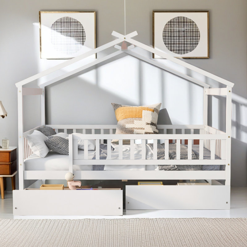 Lit double en bois avec deux tiroirs, Blanc