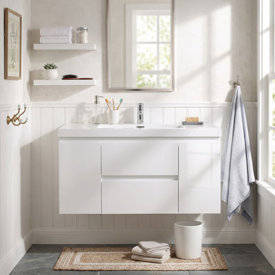Meuble-lavabo suspendu de 122 cm (48 po) en bois mélaminé blanc avec lavabo intégré en résine blanche brillante et carbonate de calcium, 2 tiroirs et 2 portes