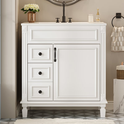 30-Inch French-Style Bathroom Vanity with Durable Ceramic Sink and Smart Storage Solutions