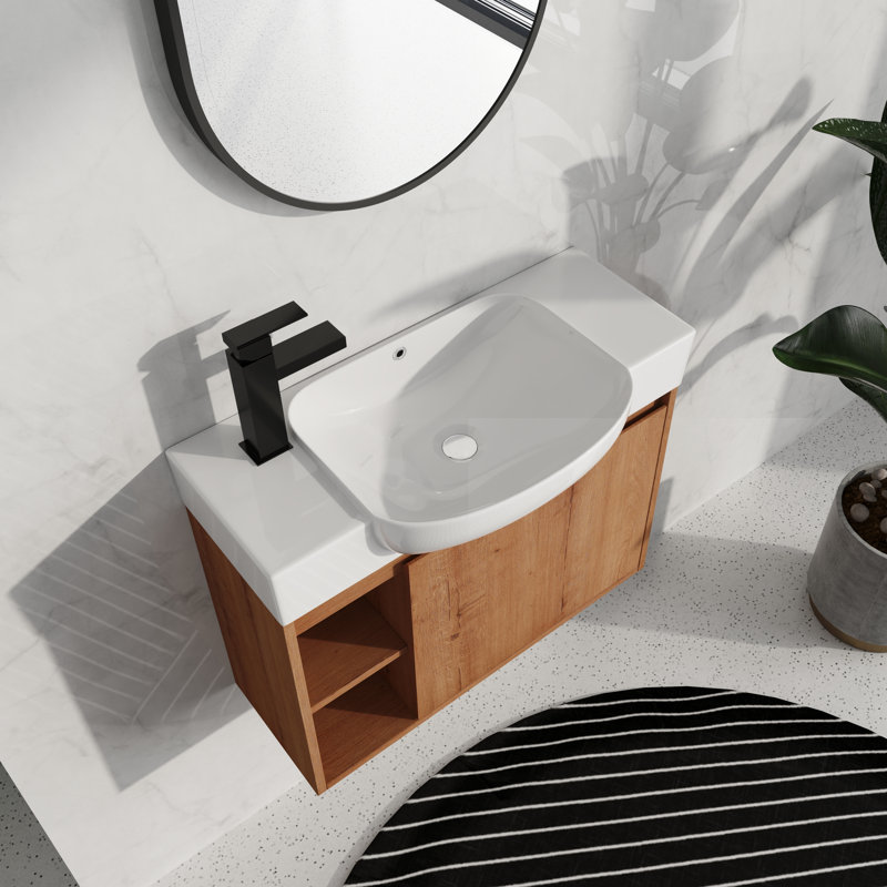 26" Bathroom Vanity with Ceramic Sink - Soft-Close Door, Oak