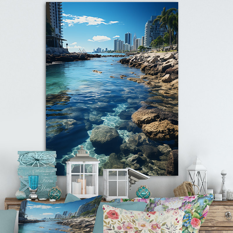 Derrynisk turquoise gris Miami Coastal Resilience - imprimé, H 44 po x l 34 po x P 1,5 po, Toile tendue
