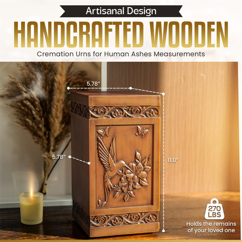 Handcrafted Pine Wood Hummingbird Design Cremation Urn Box