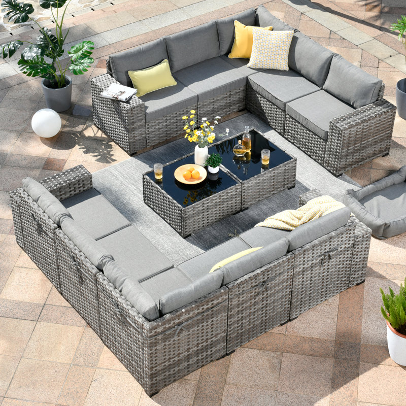 Ensemble de conversation modulaire avec coussins 12 pièces Evanna, gris