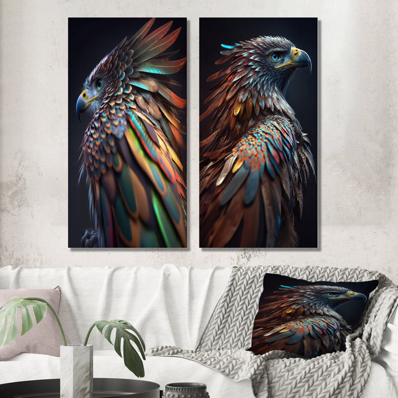 «Macro Colorful Feather Eagle I», 2 pièces sur toile, H 32 po x l 32 po, Toile tendue