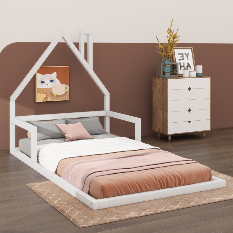 Lit en bois, cadre de lit avec tête de lit en forme de maison, Twin, Blanc