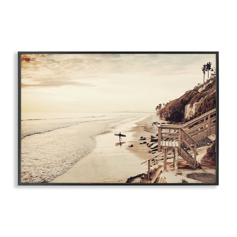 Coucher de soleil et surf, art giclée par Sissi et Seb, Giclée encadrée noir minuit, H 20 po x l 30 po