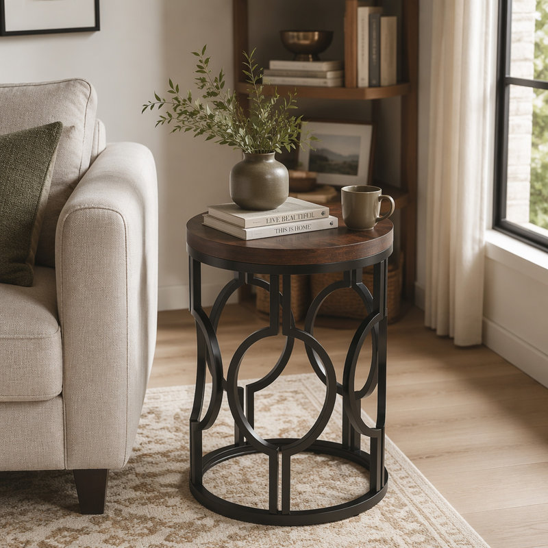 Table de bout ronde, table d'appoint industrielle avec structure creuse en métal