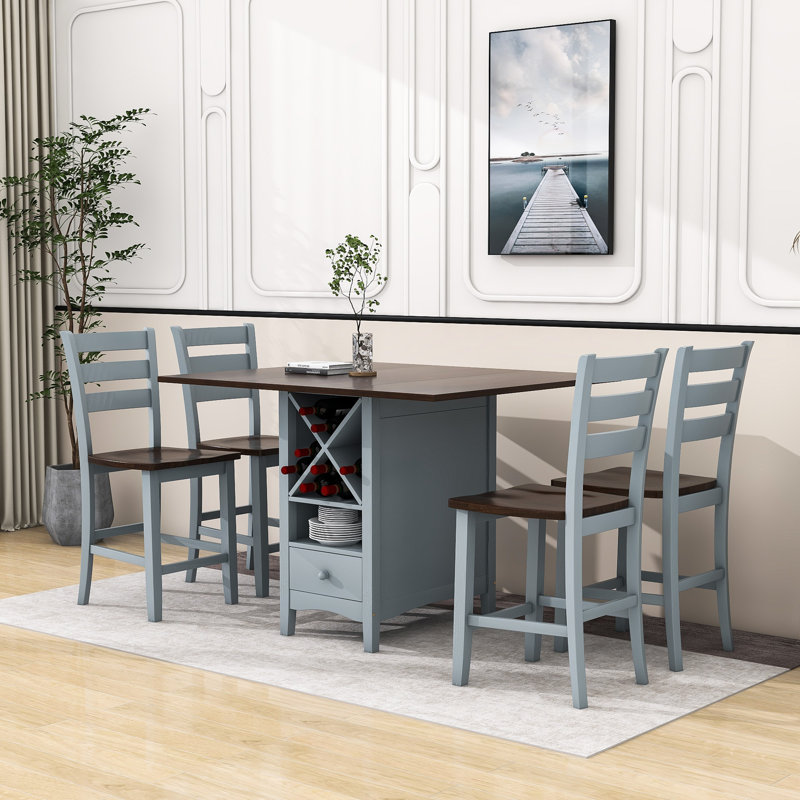 Ensemble de table de salle à manger 5 pièces à hauteur de comptoir en bois avec abattant, ensemble de cuisine avec support à vin et tiroirs