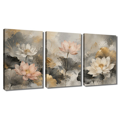 3 panneaux muraux, impression sur toile Lotus