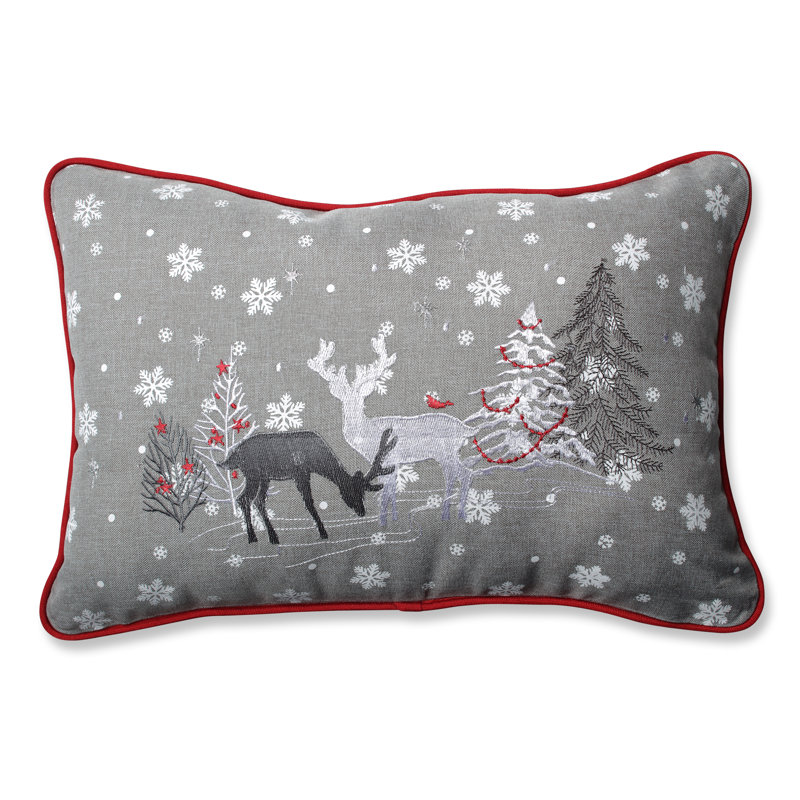 Grey and White Embroidered Christmas Lumbar Throw Pillow