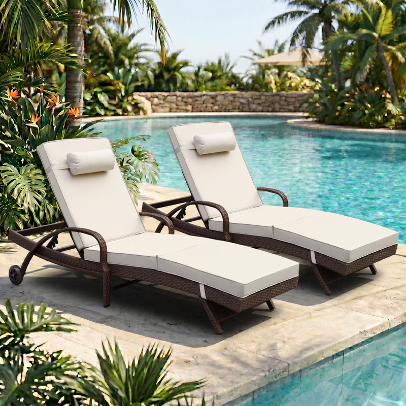 Set of 2 Outdoor Wicker Chaise Lounge Chair with Adjustable 6 Position Backrest, Wheels, Thickened Cushion & Pillow, Gray