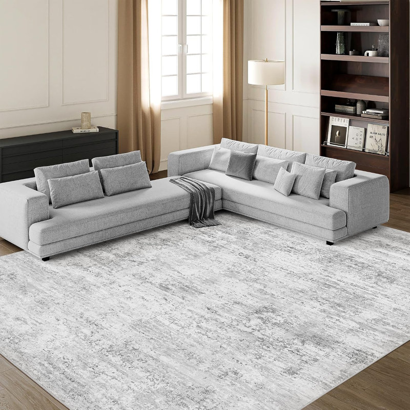 Tapis lavable 240 x 300 cm pour salon, grand tapis abstrait gris, tapis d'intérieur doux à poils courts pour chambre, salle à manger, bureau et décoration intérieure