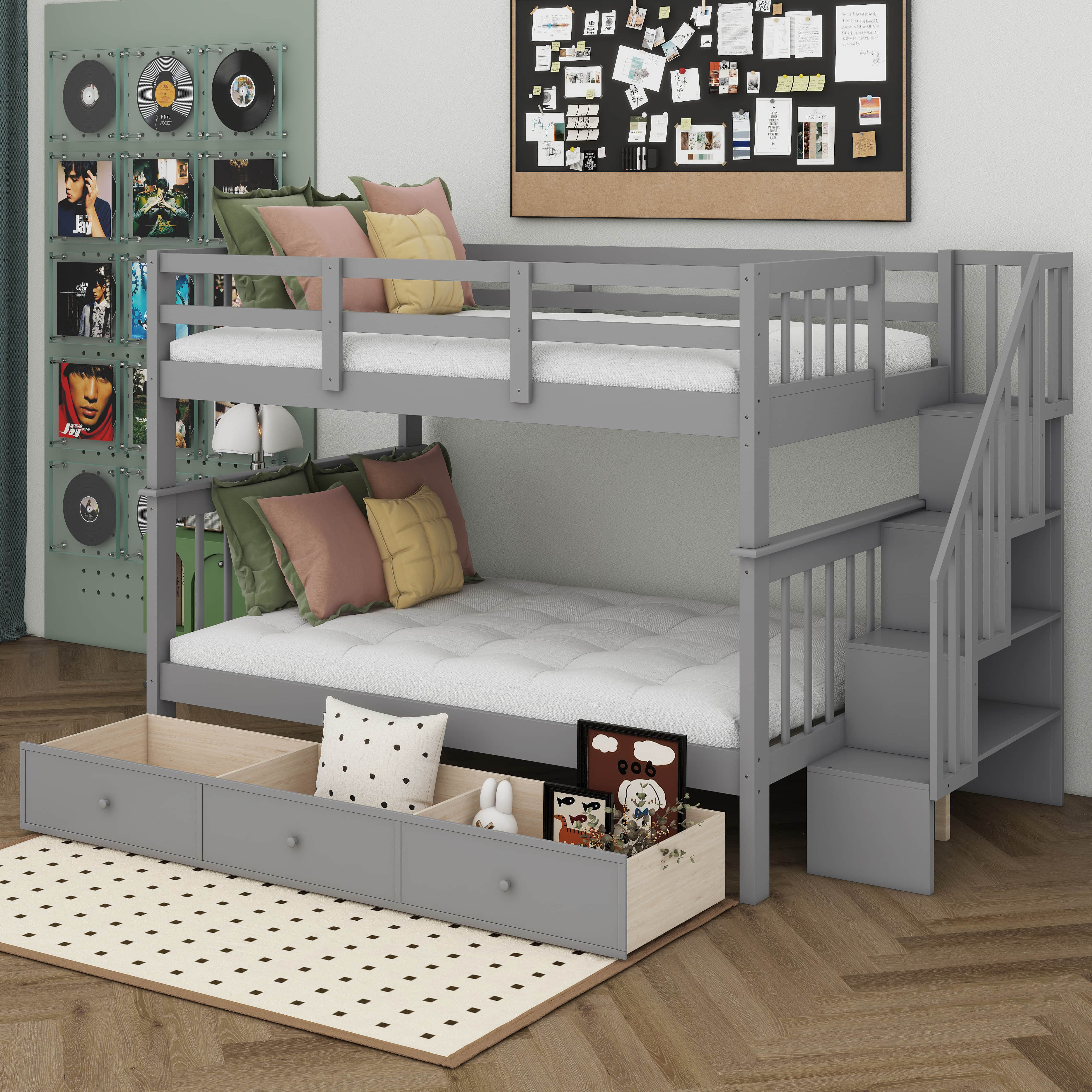 Harriet Bee Full Over Full Bunk Beds With Stairs And Storage Drawers ...