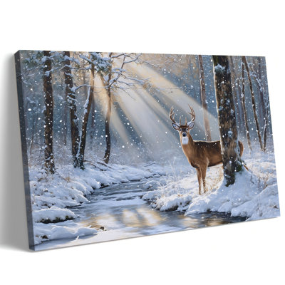 Art mural sur toile grand cerf d'hiver, impression de toile de ruisseau de forêt enneigée, photo de cerf de forêt tranquille, peinture de scène d'hiver inspirée de la nature pour le salon, la chambre à coucher et la décoration murale de Noël, 24 po x 32 po