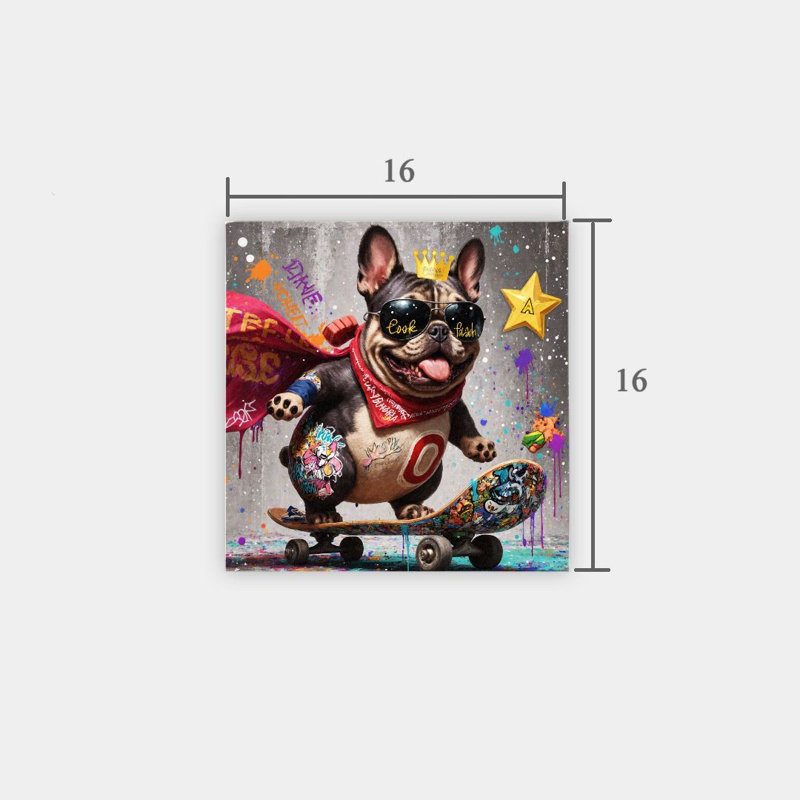 Cool Bulldog sur planche à roulettes, art mural en bois encastré ， 16 x 16