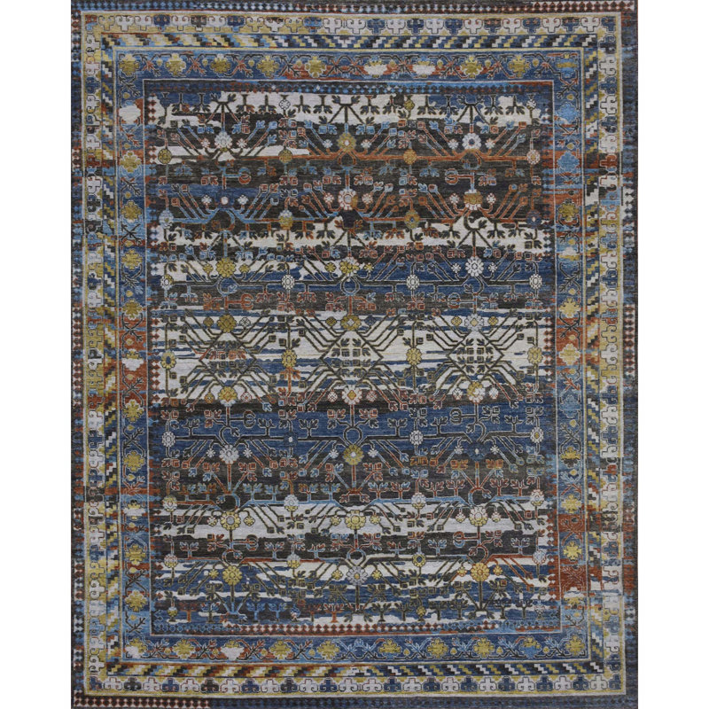 Tapis oriental rectangulaire en laine noué à la main brun / bleu / ivoire, Rectangle 8 pi x 10 pi