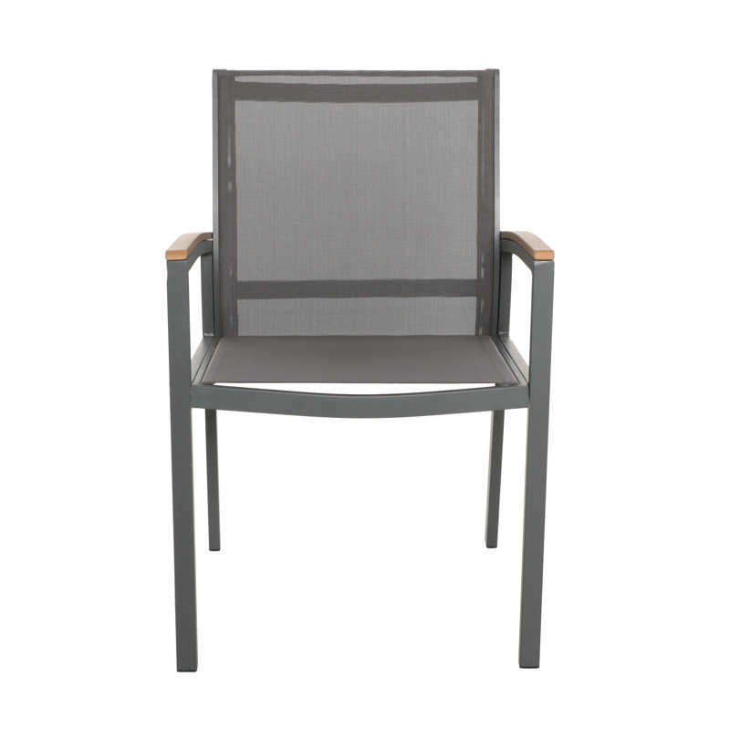 Gray and Natural Aluminum Outdoor Dining Chairs with Faux Wood Arms, Set of 2