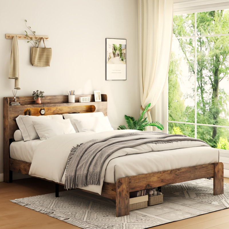 King Rustic Brown Wood Platform Bed Frame with Storage and LED Headboard