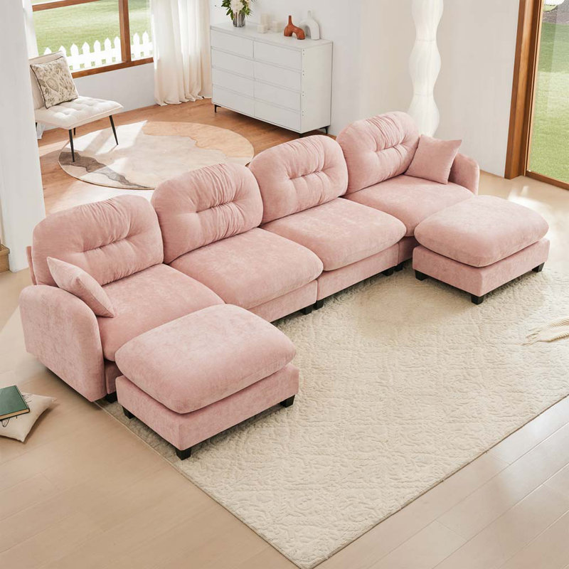 Canapé modulaire en chenille 4 places avec 2 coussins et repose-pieds, Rose