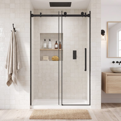 44-48 in. W x 76 in. H Single Sliding Frameless Shower Door in Matte Black with 1/4 "(6 mm) Clear Tempered Glass , Explosion Proof Film , Stainless Steel Handle , Square Tube Track