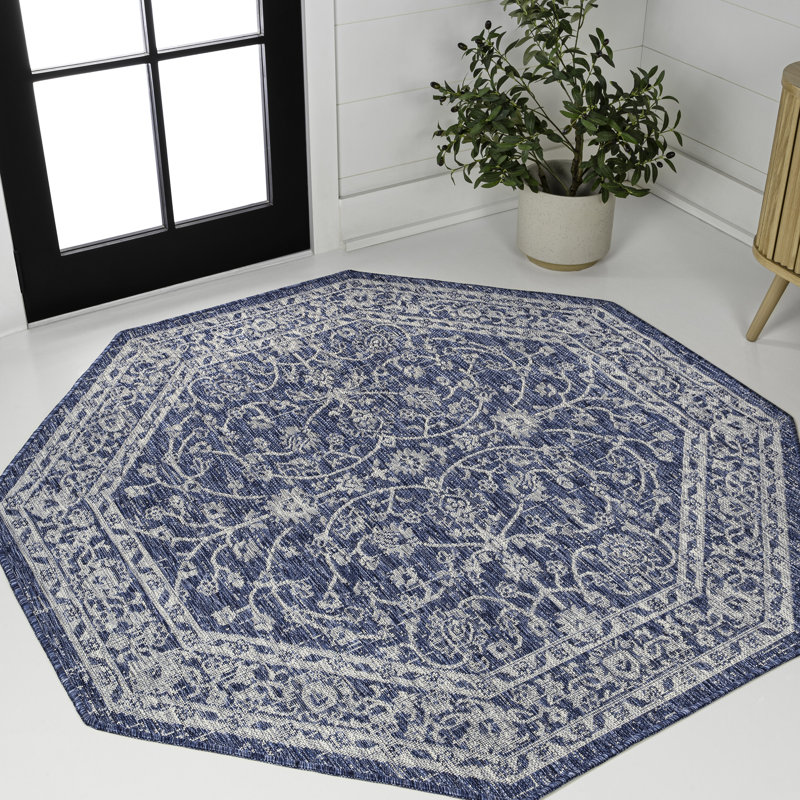 Haupt Vine and Border Textured Weave Navy/Gray Indoor/Outdoor Rug, Octagon 5'3"