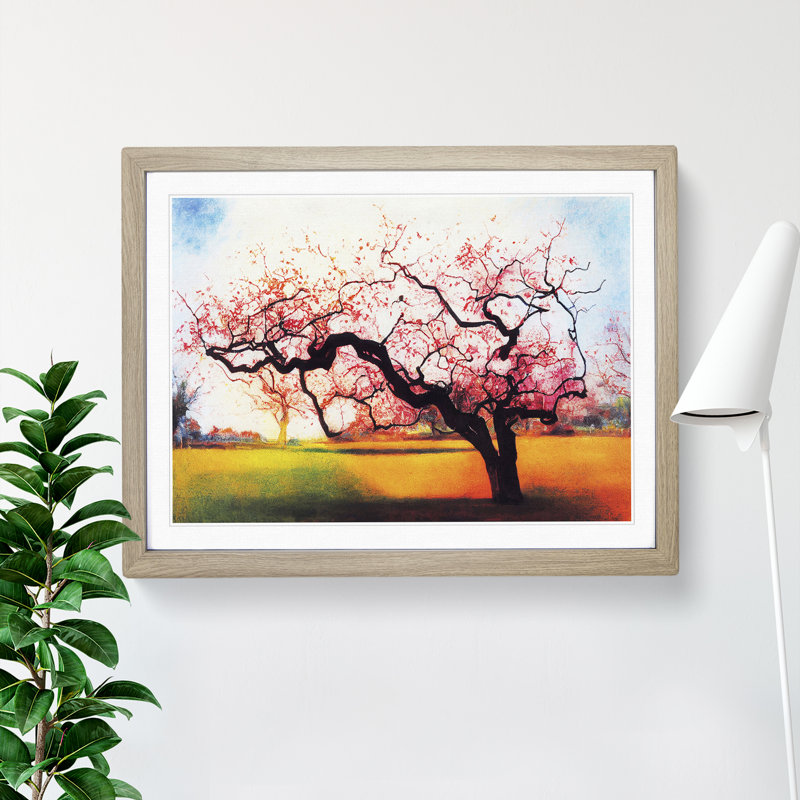 Idyllic Plum Blossom Tree - Single Picture Frame Painting, 46cm H x 64cm W x 2cm D, Oak