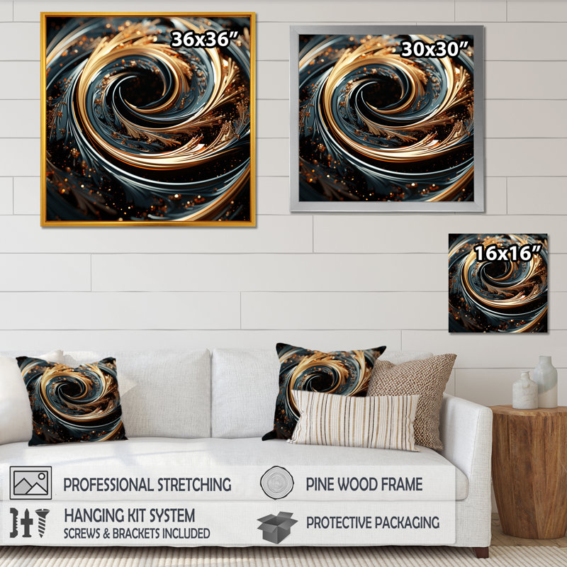 Or et vert hypnotique abstrait spirale II - spirales abstraites, art mural, Toile tendue, H 36 po x l 36 po x P 1,5 po