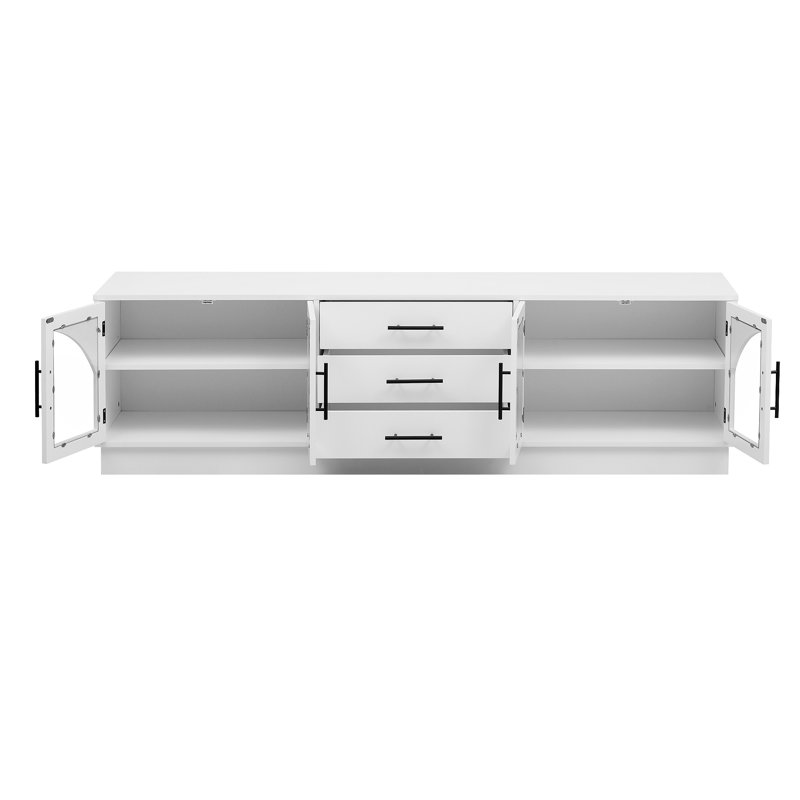 Meuble télé avec portes en verre arquées, 3 tiroirs, 2 armoires avec tablettes réglables Marquala, Blanc