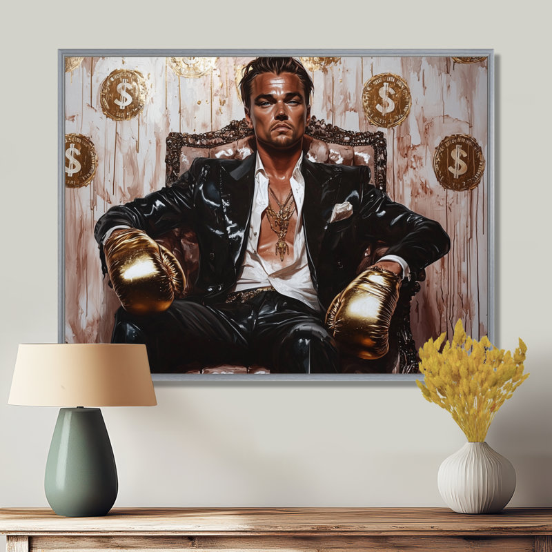 Loup de Wall Street noir - Boxer, H 16 po x l 32 po, Encadrement argenté